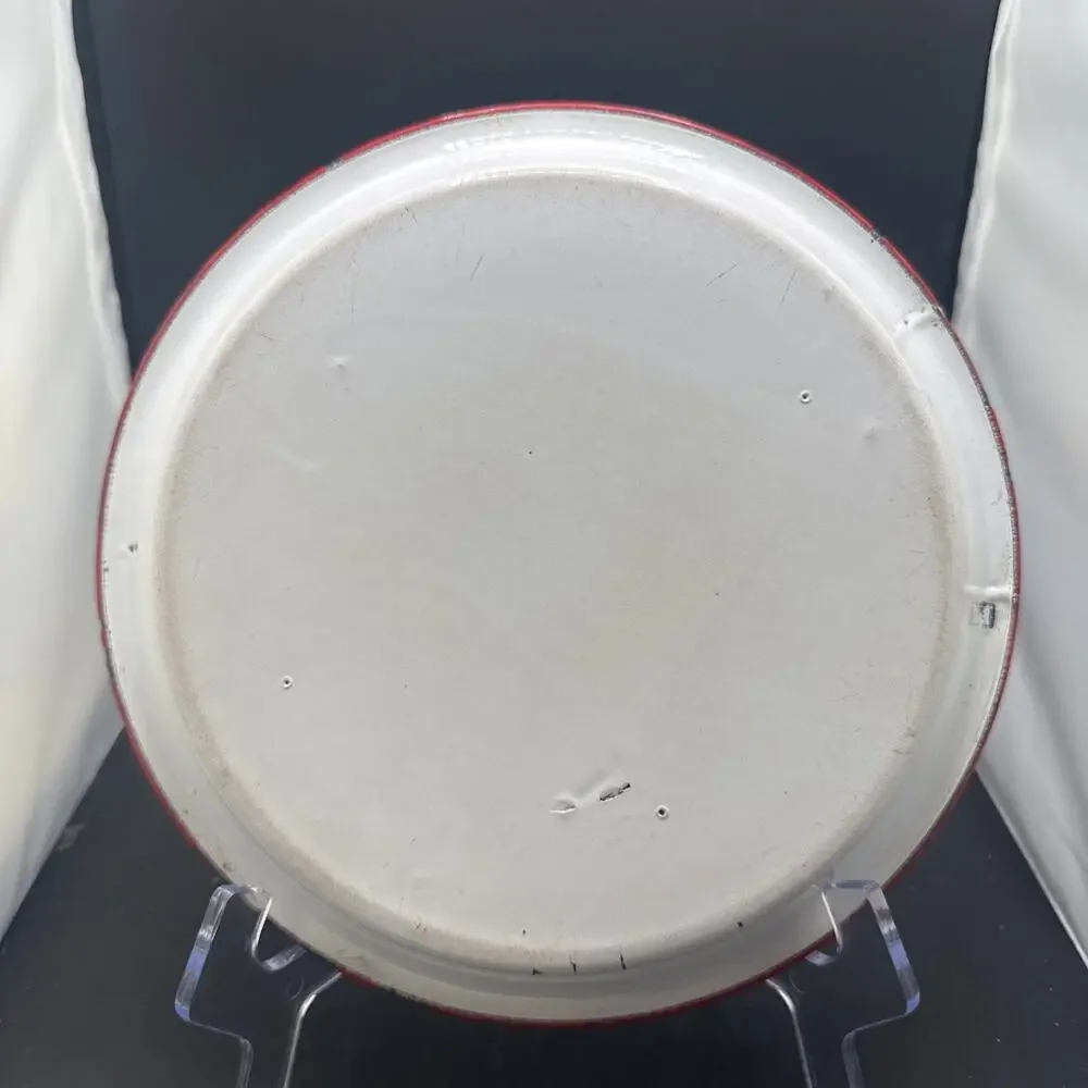 Vintage White Red Rim Enamelware Dinner Plate Farmhouse Camp Rustic 10 Inch